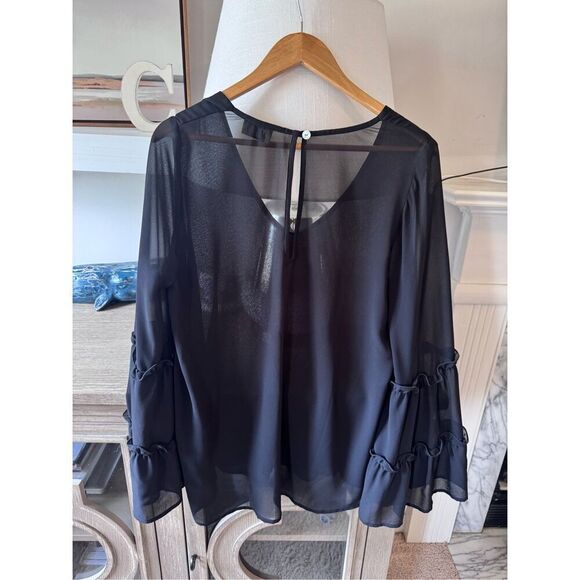 Show Me Your MuMu Black Ruffle Bell Sleeve Sheer Blouse Size Medium - Picture 6 of 8